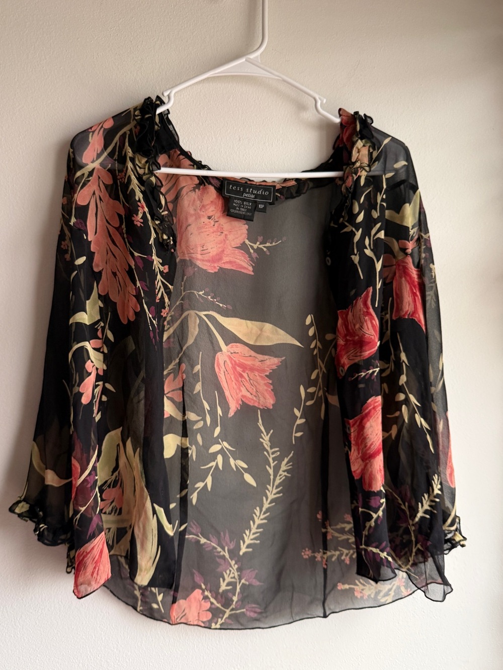 Tess Studio 100% Silk Black Sheer Floral Button Up Blouse Size 10 Petite